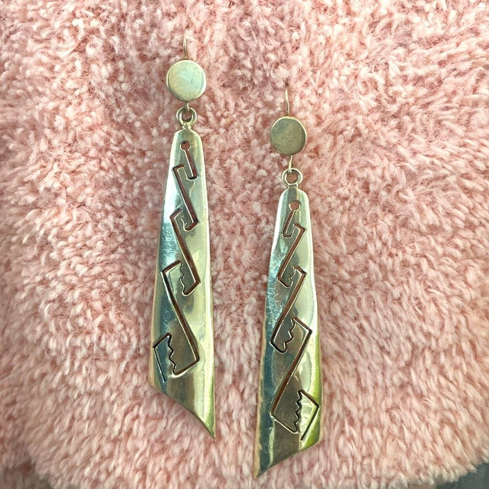 Vintage Sterling Silver 925 Mexico Geometric Tribal Boho Long Hanging Earrings